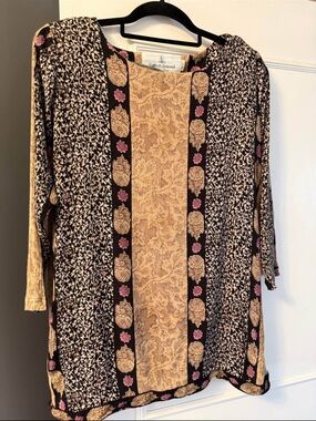 Nova Scotia made, Boho Printed V-Neck Tunic - Black, Beige & Pink Accents